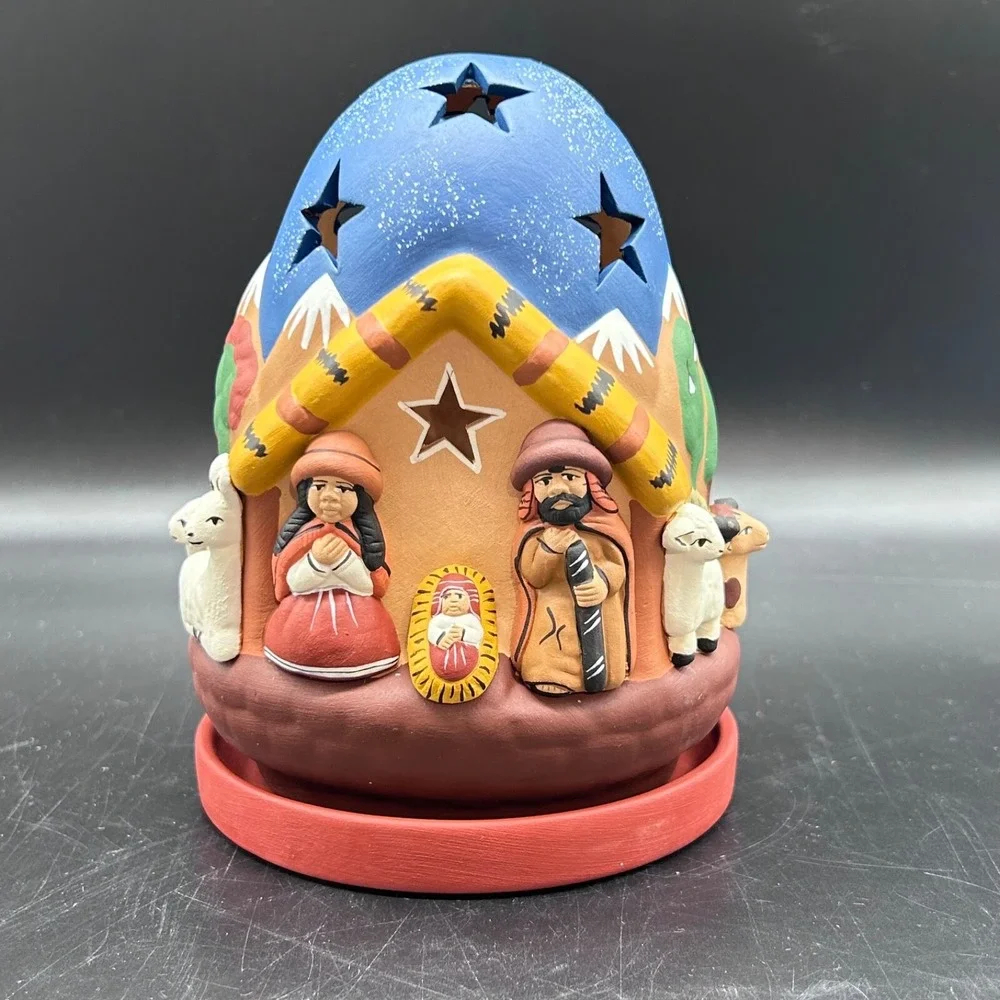 Peru Nativity Tealight Christmas Candle Holder Terracotta Style‎ Ceramic Stars